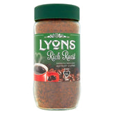 A 90g jar of Lyons Rich Roast Instant Coffee with a green label and lid, red cup image, and enough granules for 55 cups.
